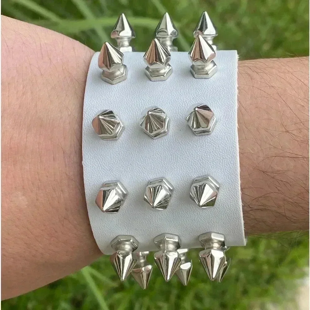 White Leather Punk Goth Rock Triple Spike Metal Stud Snap Cuff Bracelet New